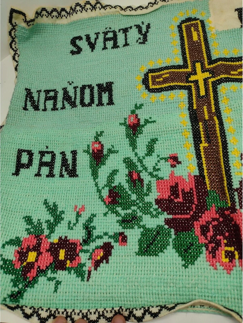 Vintage 40s Slovak Christian Needlepoint Holy Cross Jesus Roses Folk Art Textile